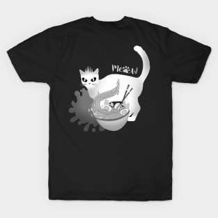 Cat Eating Ramen. Crazy White Cat from Hell Stealing and Eating Food. T-Shirt